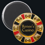 Las Vegas VIP Black Gold Red Casino Chip Favor Magnet<br><div class="desc">If you're having a Las Vegas themed wedding,  reception or birthday party,  these gold,  red & black casino chip magnets make the perfect party or wedding favors! For questions & requests,  email me: cheryl@cheryldanielsart.com.  Many matching products available. "Las Vegas VIP Casino Chip" by Cheryl Daniels © 2014.</div>
