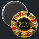 Las Vegas VIP Black Gold Red Casino Chip Favor Magnet<br><div class="desc">If you're having a Las Vegas themed wedding,  reception or birthday party,  these gold,  red & black casino chip magnets make the perfect party or wedding favors! For questions & requests,  email me: cheryl@cheryldanielsart.com.  Many matching products available. "Las Vegas VIP Casino Chip" by Cheryl Daniels © 2014.</div>