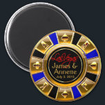 Las Vegas VIP Blue Gold Black Casino Chip Favor Magnet<br><div class="desc">If you're Doing It In Vegas or having a Las Vegas themed wedding or reception, these black, gold & blue casino chip magnets make the perfect wedding favors! Matching wedding invitations, save the date cards, RSVP cards, envelope decals and stickers are also available. For questions & requests, email me at...</div>