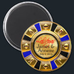 Las Vegas VIP Gold Blue Black Casino Chip Favor Magnet<br><div class="desc">If you're Doing It In Vegas or having a Las Vegas themed wedding or reception, these black, gold & blue casino chip magnets make the perfect wedding favors! Matching wedding invitations, save the date cards, RSVP cards, envelope decals and stickers are also available. For questions & requests, email me at...</div>