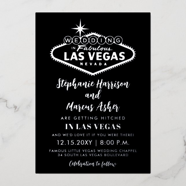 Las Vegas Wedding  Black Silver Info on Back Foil Foil Invitation (Front)