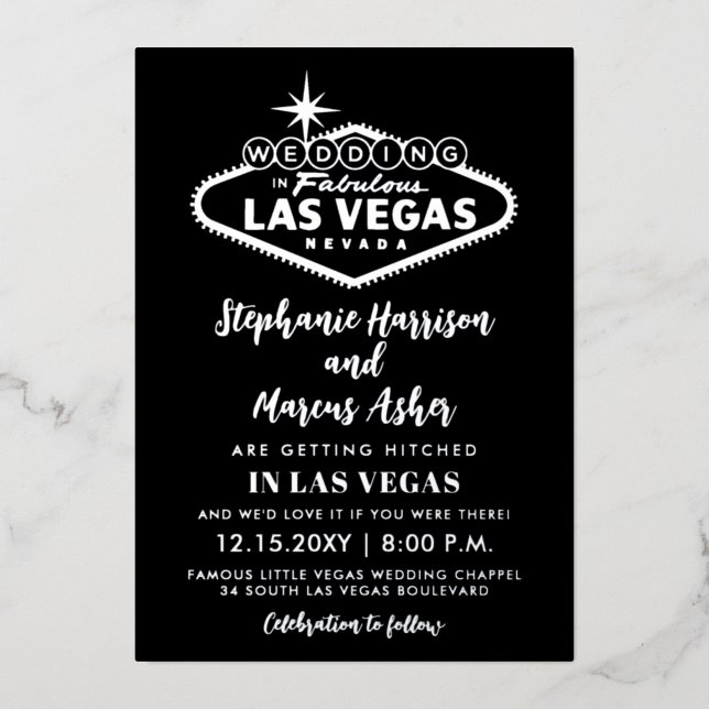 Las Vegas Wedding  Black Silver Info on Back Foil Invitation (Front)