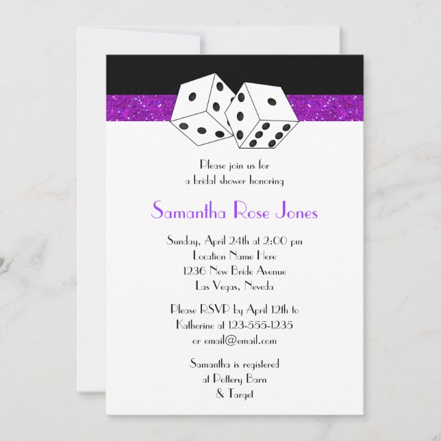 Las Vegas Wedding Bridal Shower Purple Dice Theme Invitation (Front)