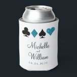 Las Vegas Wedding Can Cooler Favor in Turquoise<br><div class="desc">The perfect favor for your guests or gift to your bridal party, these white can coolers feature a classic Las Vegas motif of faux turquoise glitter card suits and two sides with lots of customizable text. Mark your special day with the bride and groom's names, wedding date and a message...</div>