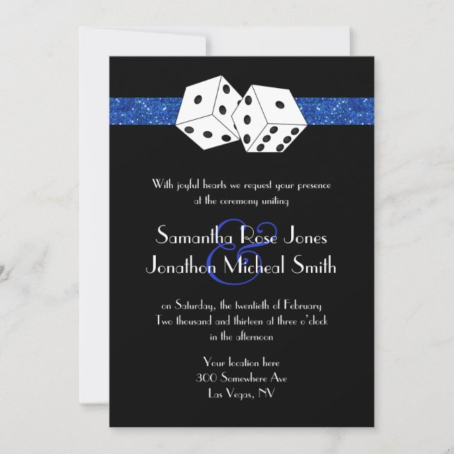 Las Vegas Wedding Dice Royal Blue Faux Glitter Invitation (Front)