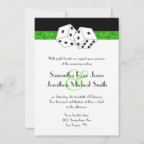 Las Vegas Wedding Dice Theme Green Faux Glitter Custom Invite