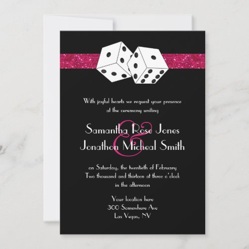 Las Vegas Wedding Dice Theme Hot Pink Faux Glitter Personalized Announcements