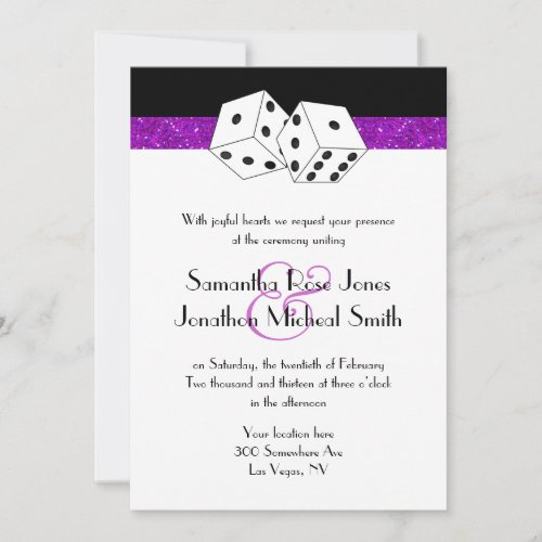 Las Vegas Wedding Dice Theme Purple Faux Glitter Personalized Announcements