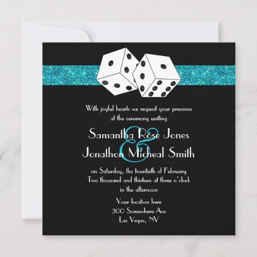 Las Vegas Wedding Dice Theme Teal Blu Faux Glitter Announcement
