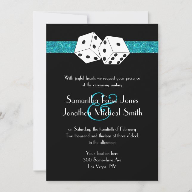 Las Vegas Wedding Dice Theme Teal Blu Faux Glitter Invitation (Front)