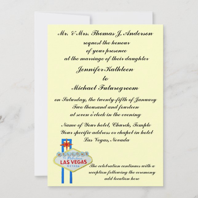 Las Vegas Wedding Formal Wording Pale Yellow Invitation (Front)