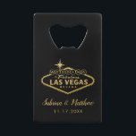 Las Vegas Wedding Gold and Black Credit Card Bottle Opener<br><div class="desc">Wedding in fabulous Las Vegas sign in elegant faux gold foil with the bride and groom names and wedding date on a bottle opener is perfect for a useful favor. Add a personalized thank you message on the back,  and change colors and fonts by clicking 'customize further'.</div>