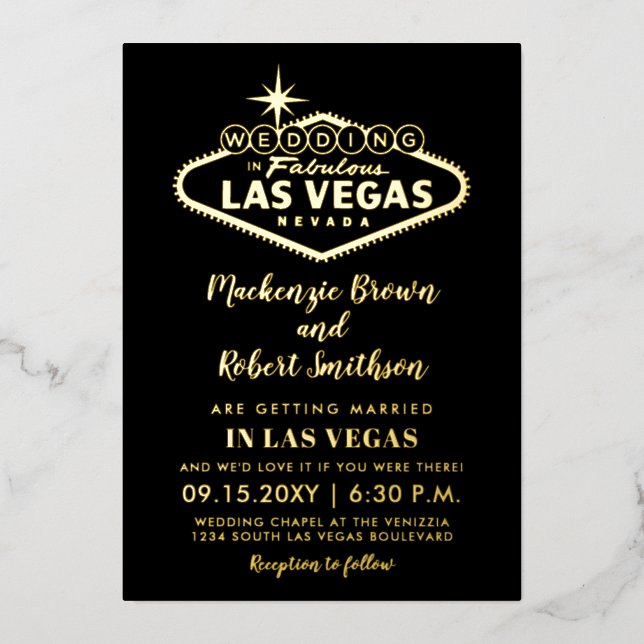 Las Vegas Wedding Gold Black with Info on Back Foil Invitation (Front)