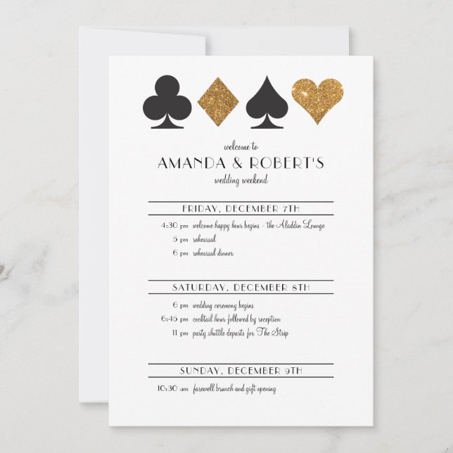 Las Vegas Wedding Invitation Timeline Gold Glitter (Front)