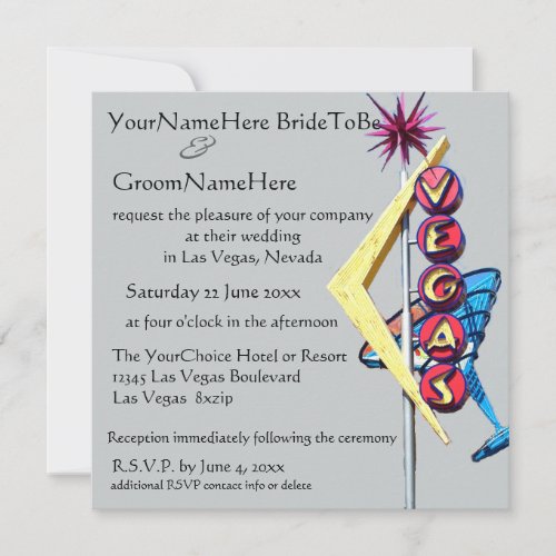 Las Vegas Wedding Neon Sign on Silver Gray Invitation