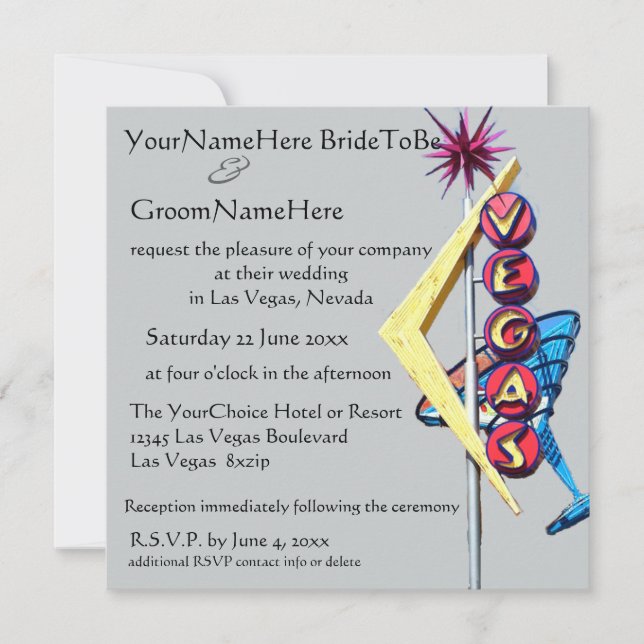 Las Vegas Wedding Neon Sign on Silver Gray Invitation (Front)