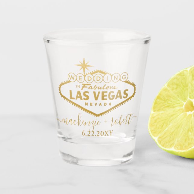 Las Vegas Wedding Personalized Script Favor Gold Shot Glass (Front)