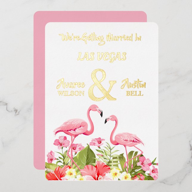 Las Vegas Wedding Pink Flamingos Gold Foil Foil In Invitation (Front/Back)
