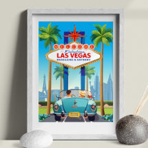 Las Vegas Wedding Print Vintage Blue Sports Car