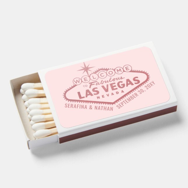 Las Vegas Wedding Rose Gold Personalized Favor Matchboxes (Front Open)