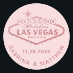Las Vegas Wedding Rose Gold Pink Classic Round Sticker<br><div class="desc">Favor sticker or envelope seal with the "Welcome to Fabulous Las Vegas" Sign in faux rose gold pink foil. Click CUSTOMIZE FURTHER to change the background color,  font,  and text color.</div>