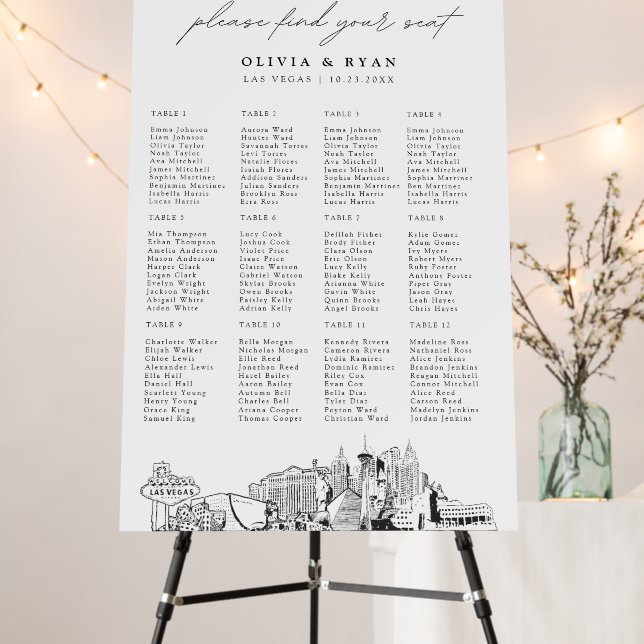 Las Vegas Wedding Seating Chart 12 Tables 24x36 Foam Board (In Situ (Stand))
