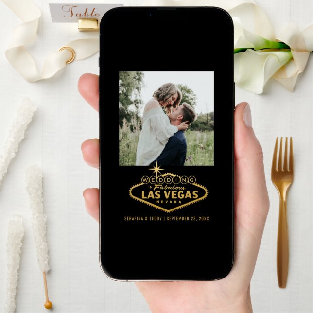 Las Vegas Wedding Sign Black Gold Photo Save The Date (Front Digital)