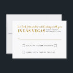 Las Vegas Wedding Sign Funny Gambling Wording RSVP Card<br><div class="desc">A black and gold Las Vegas Wedding response card with funny card playing wording for the rsvp choices and a faux gold "Wedding in Fabulous Las Vegas" sign on the back. Unique typography design coordinates with our full casino and vegas strip suite which is available in the Paper Grape Destinations...</div>