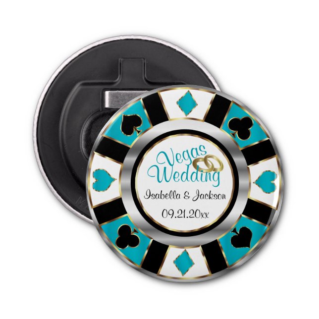 Las Vegas Wedding - Silver, White & Turquoise Bottle Opener (Front)