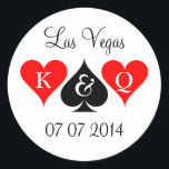 Las Vegas wedding stickers with monogram and date<br><div class="desc">Las Vegas wedding stickers with monogram and date. Cute King and queen of hearts design with custom initials of bride and groom. Poker playing card suits. Fun for wedding,  bridal shower,  bachelorette party etc. Hearts and spade.</div>