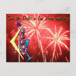 Las Vegas Wedding Vintage Sign Fireworks Announcement Postcard