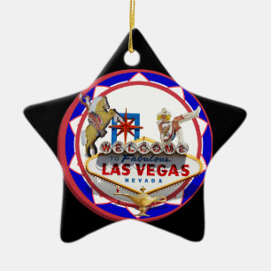 Las Vegas Welcome Sign Red & Blue Poker Chip Ceramic Ornament