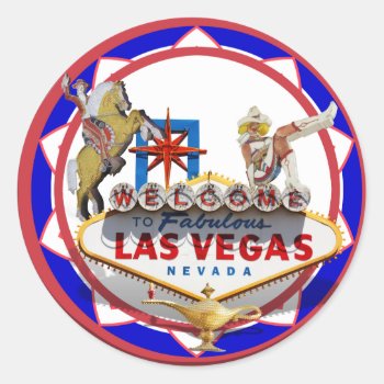 Las Vegas Welcome Sign Red & Blue Poker Chip Classic Round Sticker by LasVegasIcons at Zazzle