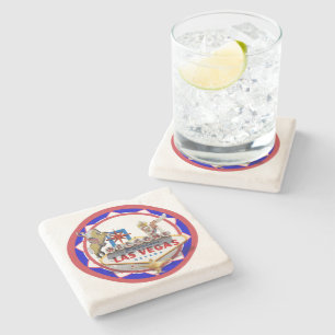 Las Vegas Welcome Sign Red & Blue Poker Chip Stone Coaster