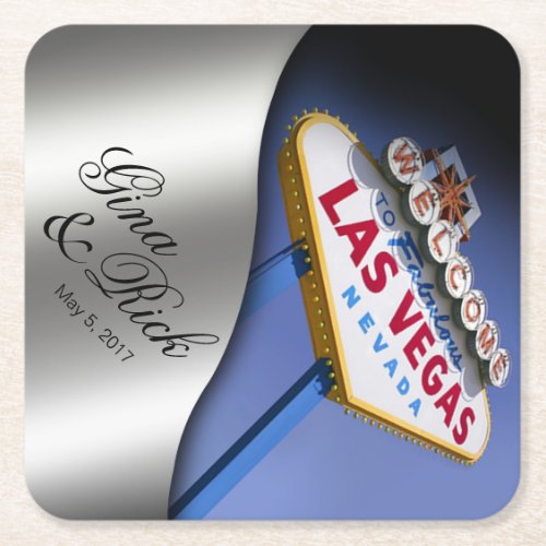 Las Vegas Welcome Sign  silver Square Paper Coaster
