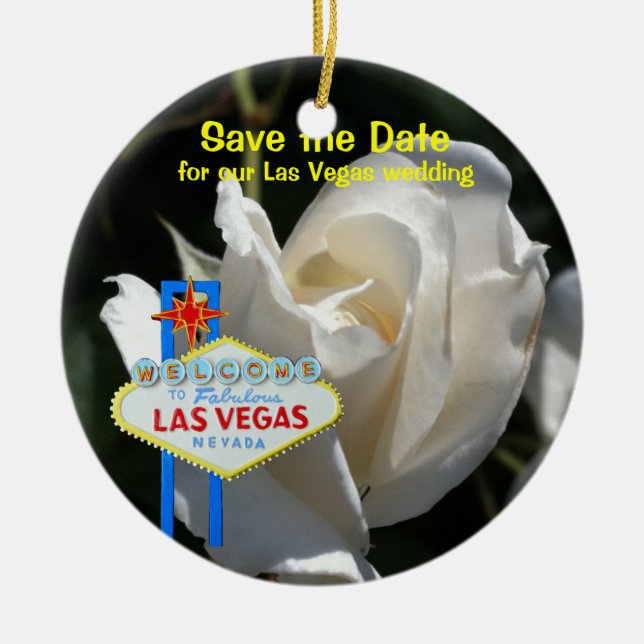 Las Vegas White Rose Wedding Announcement Ceramic Ornament (Front)