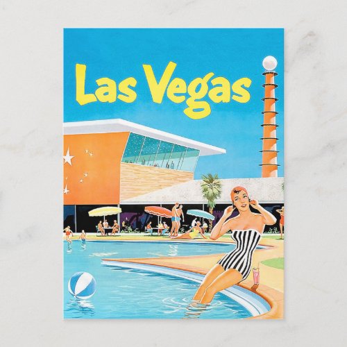 Las Vegas woman by the pool vintage travel Postcard