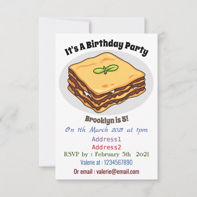Lasagna cartoon illustration  invitation (Front)
