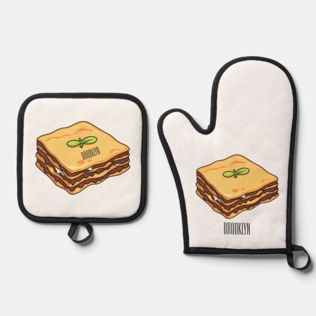 Lasagna cartoon illustration  oven mitt & pot holder set (Front)