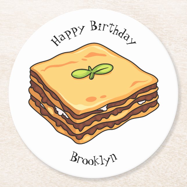 Lasagna cartoon illustration  round paper coaster (Front)