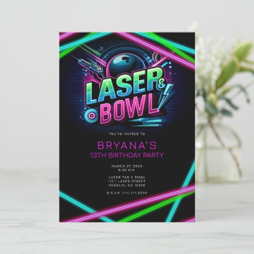 Laser  Bowl Laser Tag Bowling Birthday Party Invitation