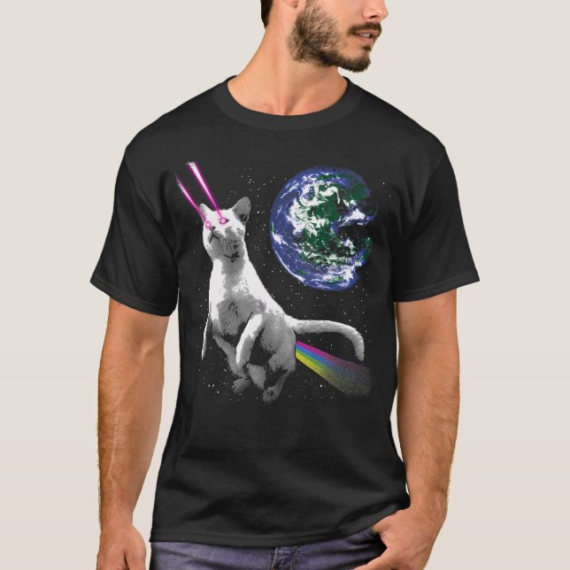 Laser Cat In Space - Cat Astronaut In Front Of Pla T-Shirt (Front)