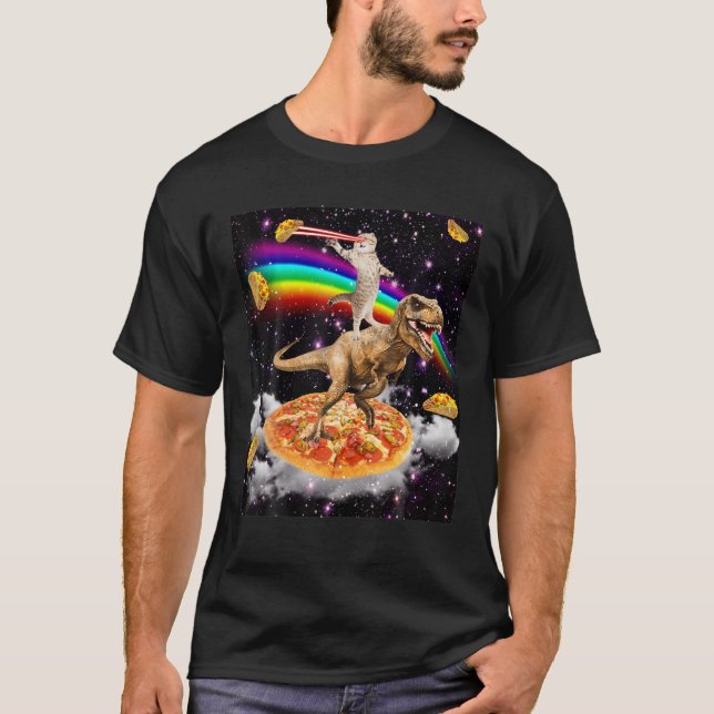 Laser Eye Cat On Dinosaurs On Pizza With Tacos Rai T-Shirt (Front)