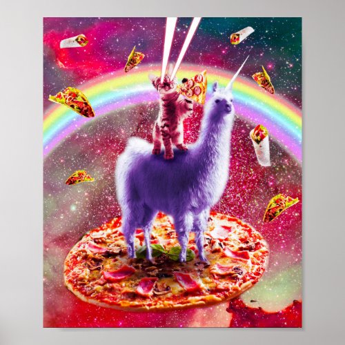 Laser Eyes Outer Space Cat Riding On Llama Unicorn Poster
