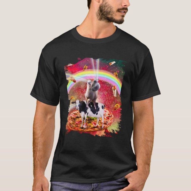 Laser Eyes Space Cat On Llama Cow - Rainbow Pullov T-Shirt (Front)