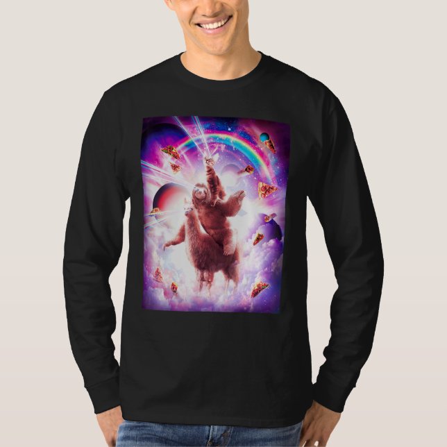 Laser Eyes Space Cat Riding Sloth Blade  Rainbow T-Shirt (Front)