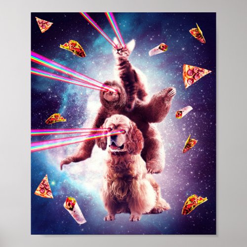 Laser Eyes Space Cat Riding Sloth Dog _ Rainbow Poster
