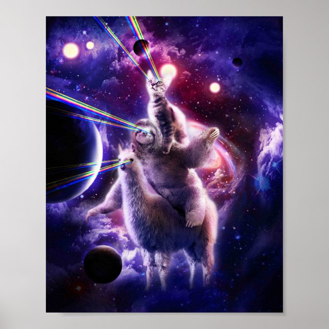 Laser Eyes Space Cat Riding Sloth Llama - Rainbow Poster (Front)