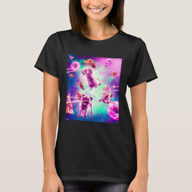 Laser Eyes Space Cat With Dog Pug  Rainbow T-Shirt (Front)