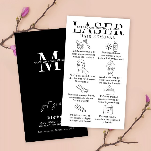 Laser Hair Removal Care Instructions Minimalist Business Card (Laser hair removal aftercare cards in minimalist black & white design)